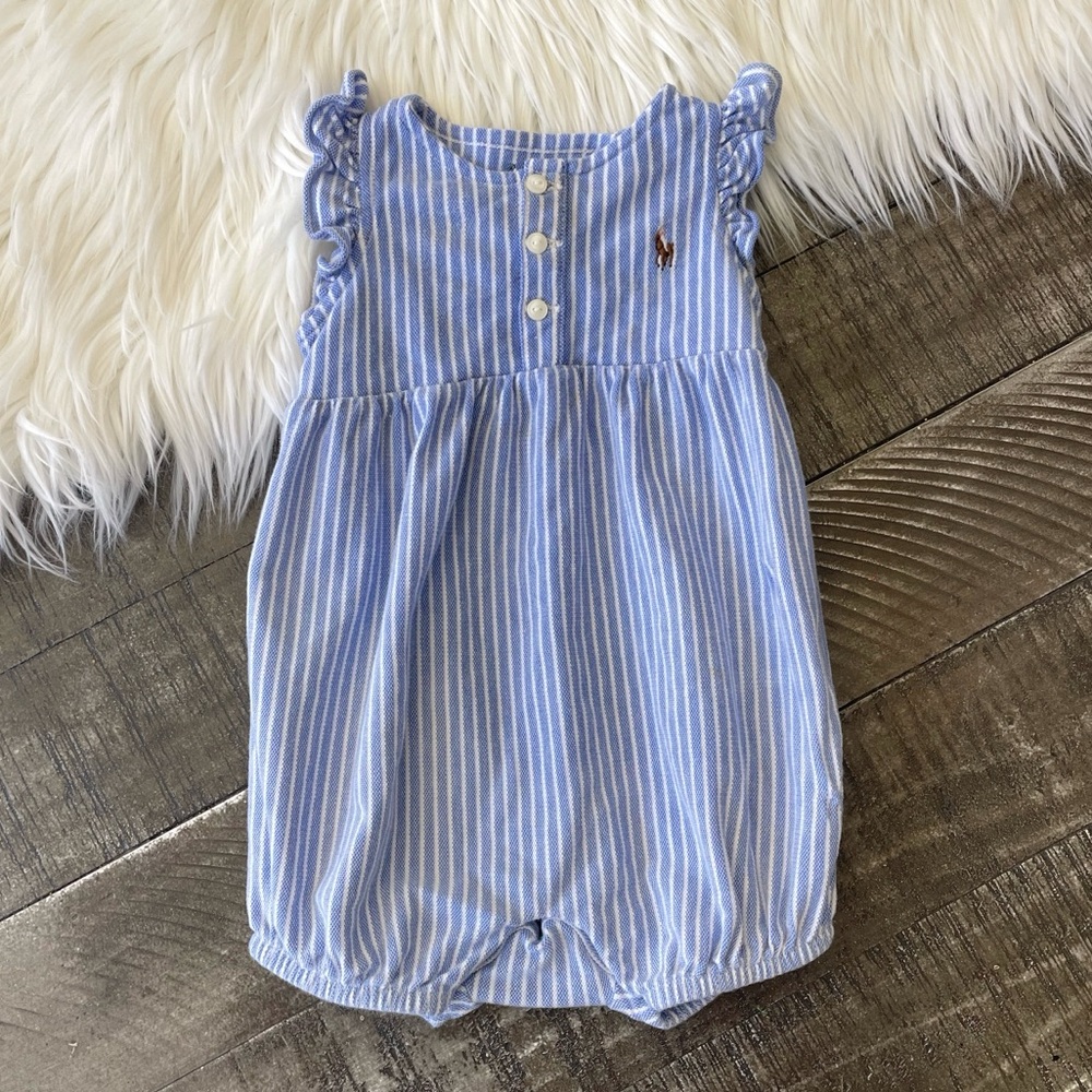 Ralph Lauren Blue and White Striped Baby One-Piece Romper